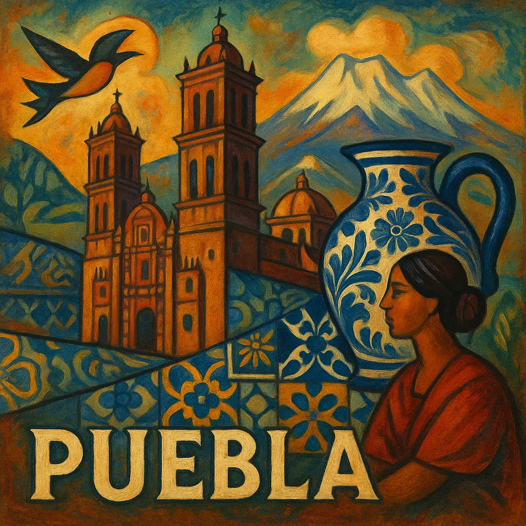 Catedral de Puebla y volcanes Popocatépetl e Iztaccíhuatl al fondo.