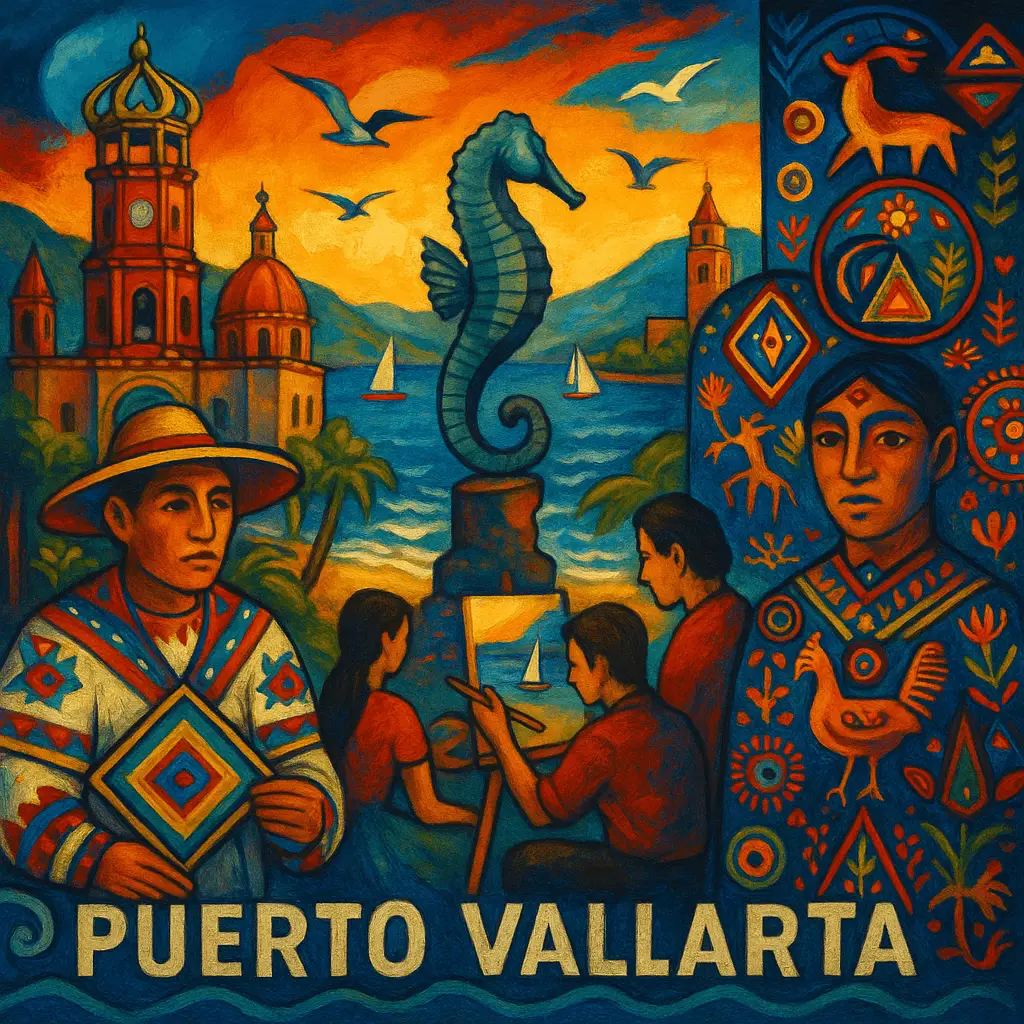 Malecón y bahía de Puerto Vallarta con esculturas y palmeras al atardecer.