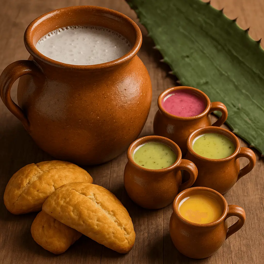Jarra de barro con pulque blanco espumoso, rodeada de jarritos con curados de colores y panes de pulque, junto a una penca de maguey sobre mesa de madera.