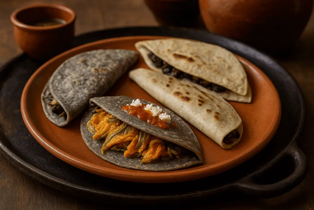 Plato de barro sobre comal con quesadillas de maíz azul rellenas de flor de calabaza y quesadillas de maíz blanco rellenas de hongos, decoradas con salsa roja y queso fresco.