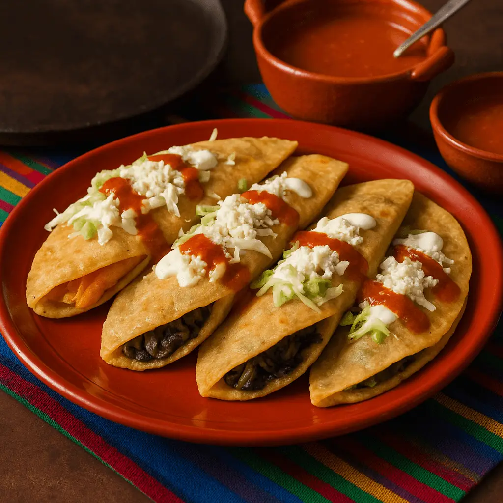 Quesadillas: tortillas rellenas de guisos como flor de calabaza, huitlacoche o chicharrón, doradas en comal y servidas con lechuga, crema, queso y salsa.