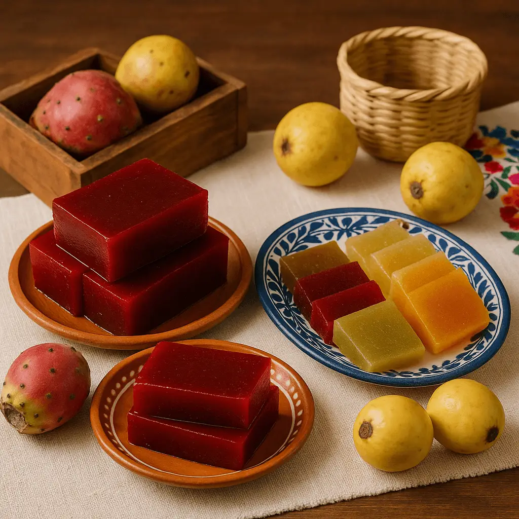 Bloques de queso de tuna rojo y ates de colores servidos en platos de barro y talavera, acompañados de tunas frescas y frutas sobre mantel claro con detalle bordado.