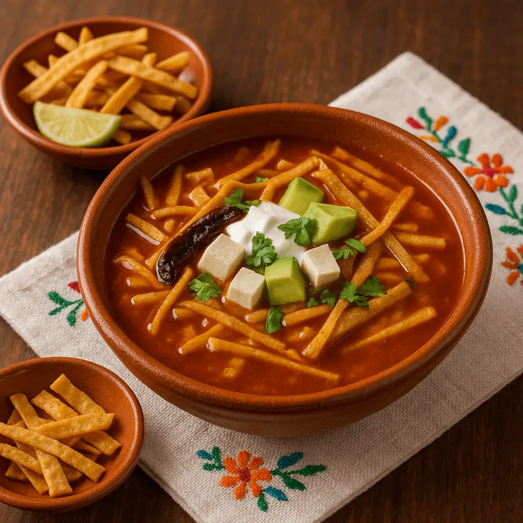 Tazón de barro con sopa tlaxcalteca, caldo rojo con tiras de tortilla, queso, aguacate, crema y chile pasilla, acompañado de más tiras de tortilla y limón sobre mantel bordado.