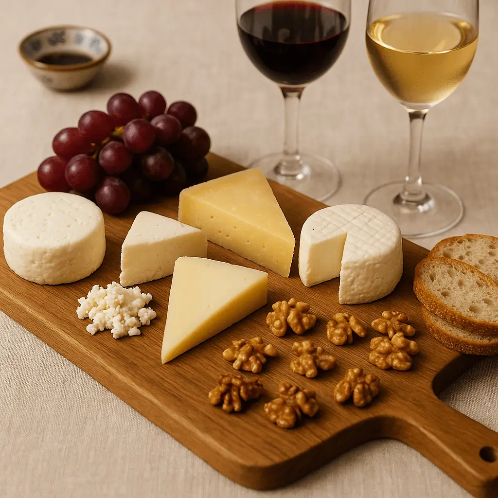 Tabla con quesos queretanos artesanales, uvas, nueces y rebanadas de pan, acompañada de copas de vino tinto y blanco sobre mantel claro.