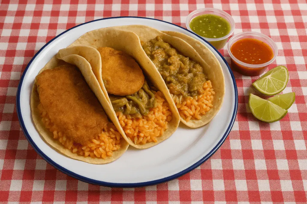Plato de peltre con tacos acorazados de Cuernavaca, tortillas grandes rellenas de arroz rojo y guisados, acompañados de salsas verde y roja y limones sobre mantel a cuadros.