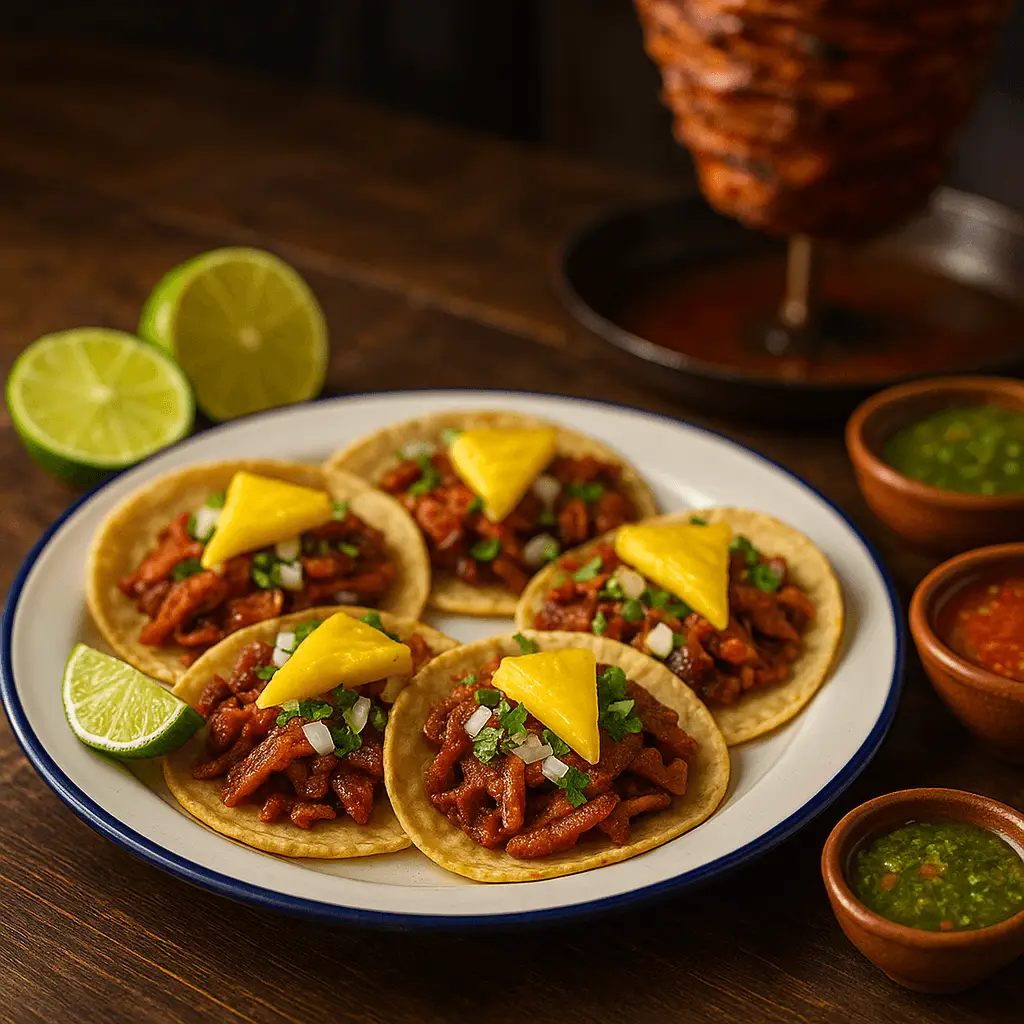 Plato de peltre con tacos al pastor servidos con piña, cebolla y cilantro, rodeado de salsas y limones, con el trompo al pastor desenfocado al fondo.