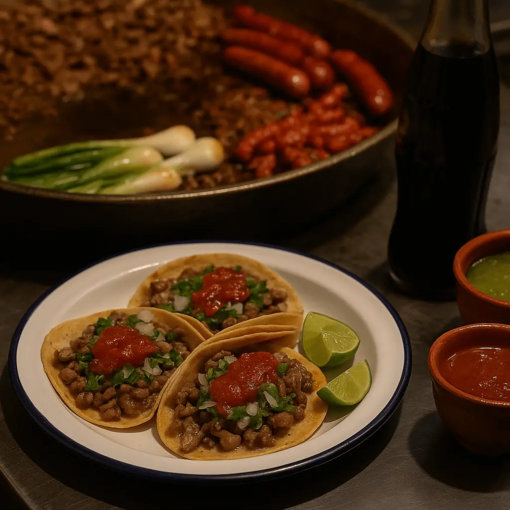 Plato de peltre con tres tacos de suadero con cebolla, cilantro y salsa roja, rodeados de limones, salsas y una plancha taquera con carne, longaniza y cebollitas al fondo.