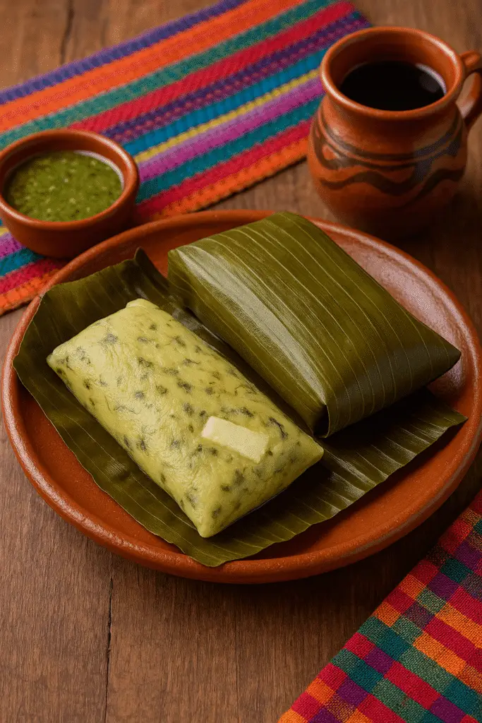 Plato de barro con tamal de chipilín chiapaneco, uno envuelto y otro abierto mostrando la masa con hojas verdes y trozo de queso, acompañado de salsa verde, café en jarrito y textil chiapaneco de colores sobre mesa de madera.