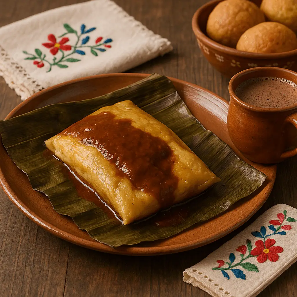 Tamal oaxaqueño envuelto en hoja de plátano, servido en plato de barro y bañado con salsa de mole, acompañado de taza de chocolate y pan en mesa de madera con servilletas bordadas.