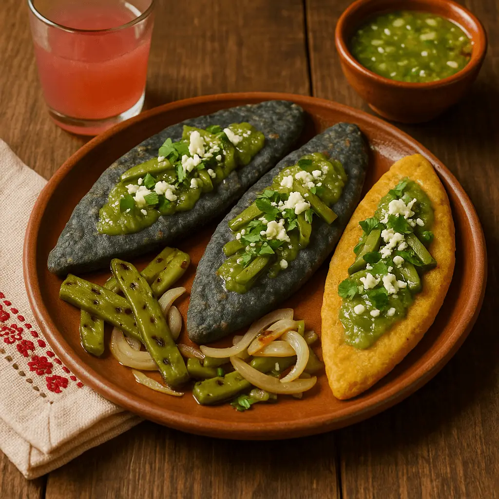 Plato de barro con tlacoyos de maíz azul y amarillo, cubiertos con nopales, salsa verde, queso fresco y cilantro, acompañados de nopal asado y agua fresca sobre mesa de madera.