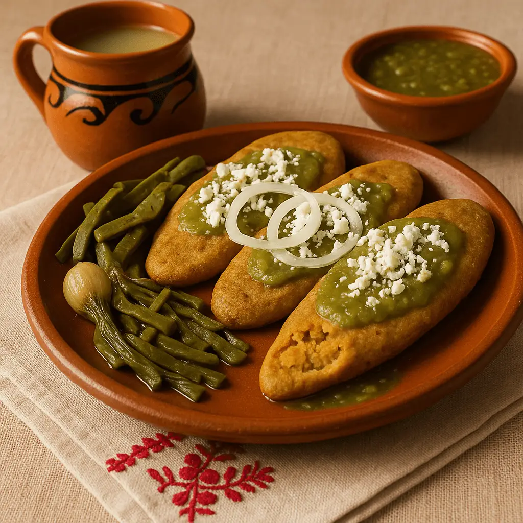 Plato de barro con tlatloyos tlaxcaltecas cubiertos con salsa verde, queso fresco y aros de cebolla, acompañados de nopales y cebollita asada, con jarrito de bebida al fondo sobre mantel de manta bordada.