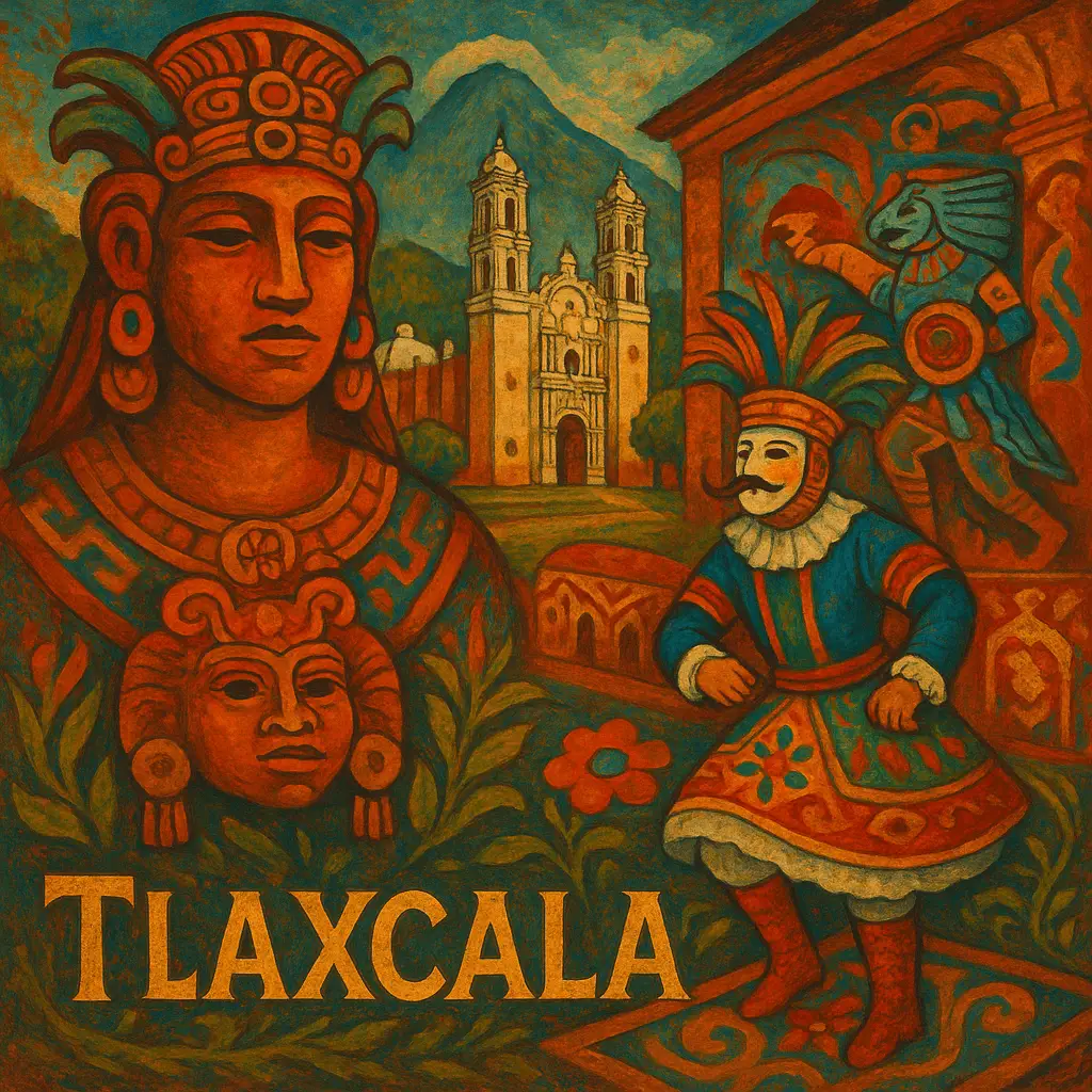 Murales prehispánicos, arquitectura colonial y lugares turísticos de Tlaxcala.