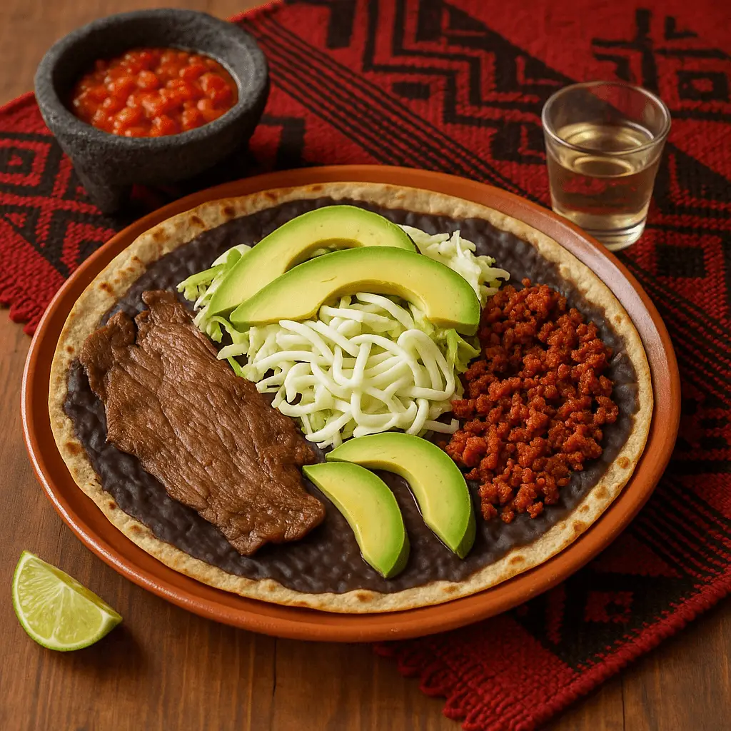 Tlayuda oaxaqueña servida en plato de barro con frijol negro, tasajo, chorizo, quesillo, col y rebanadas de aguacate, acompañada de molcajete con salsa, mezcal y textil oaxaqueño rojo y negro.