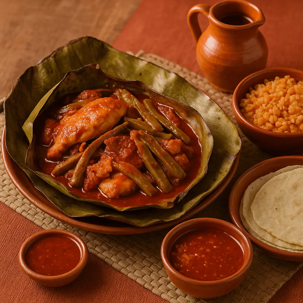 Plato de barro con ximbó de Actopan servido en penca de maguey: piezas de pollo, nopal y cueritos en salsa roja, acompañados de arroz, tortillas y salsas sobre mesa rústica.