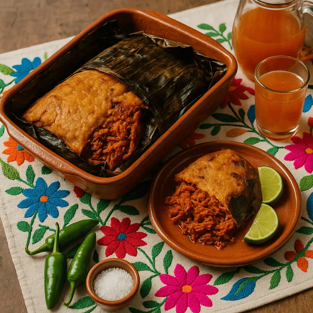 Zacahuil huasteco potosino servido en cazuela de barro, tamal grande envuelto en hojas de plátano con relleno de carne en salsa de chile, acompañado de limón, chiles verdes y agua fresca sobre mantel bordado