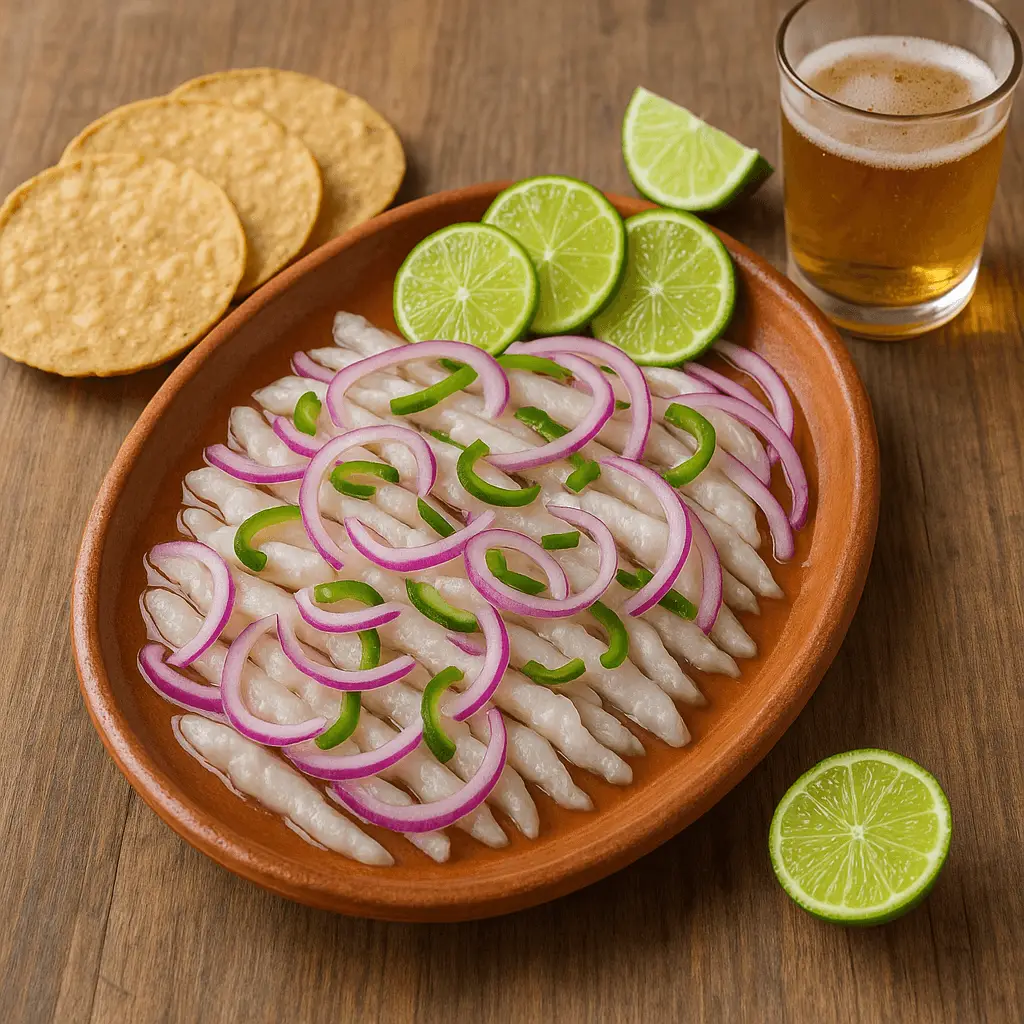 Plato ovalado de barro con tiritas de pescado marinadas en limón, cubiertas con cebolla morada y chile verde en rodajas, acompañadas de tostadas, limones y vaso de cerveza sobre mesa de madera.