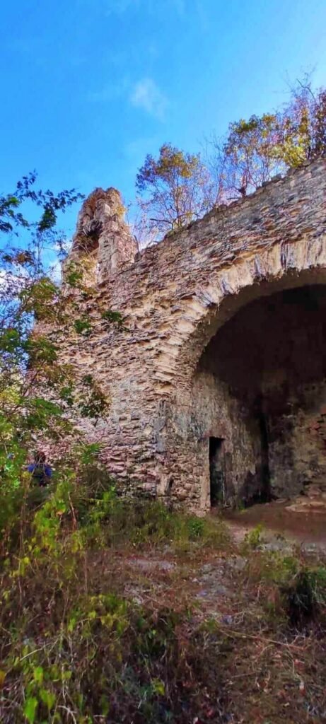 Detalle del arco principal de las ruinas de Boca Iglesia rodeado de vegetación.