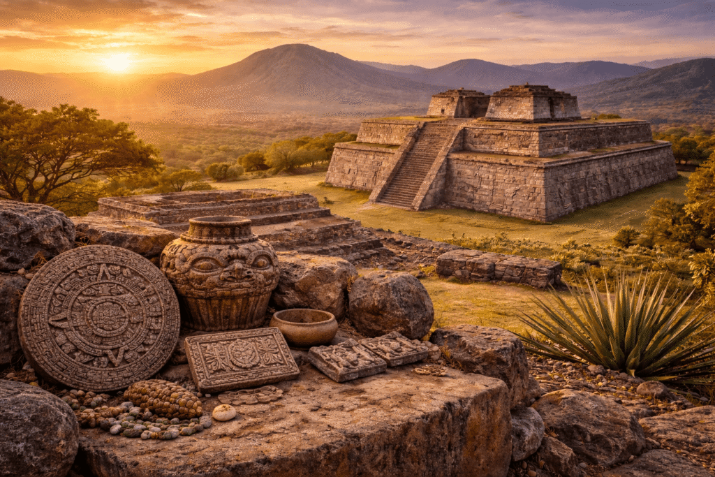 Elementos arquitectónicos y elementos estilizados que recuerdan las culturas del Altiplano central de México.