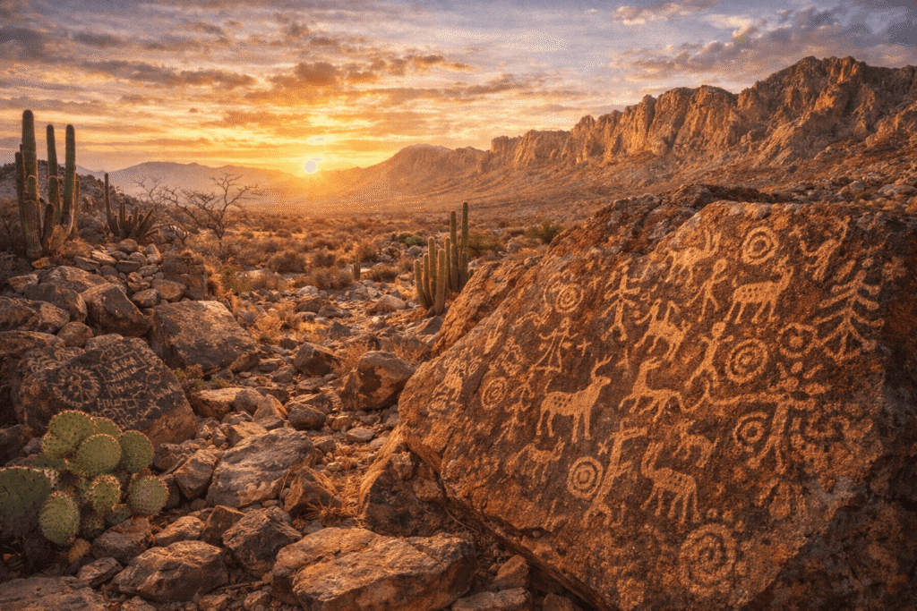 Pinturas rupestres relacionadas con las culturas de Aridoamérica en México.