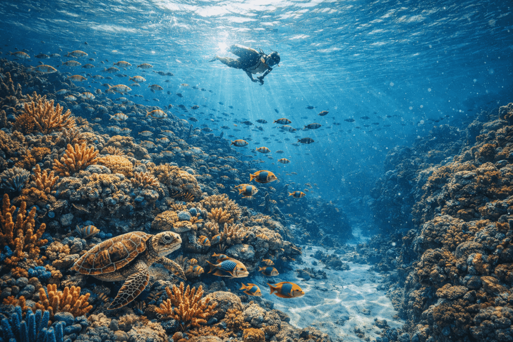 Representación estilizada de un buzo de superficie en un arrecife poco profundo