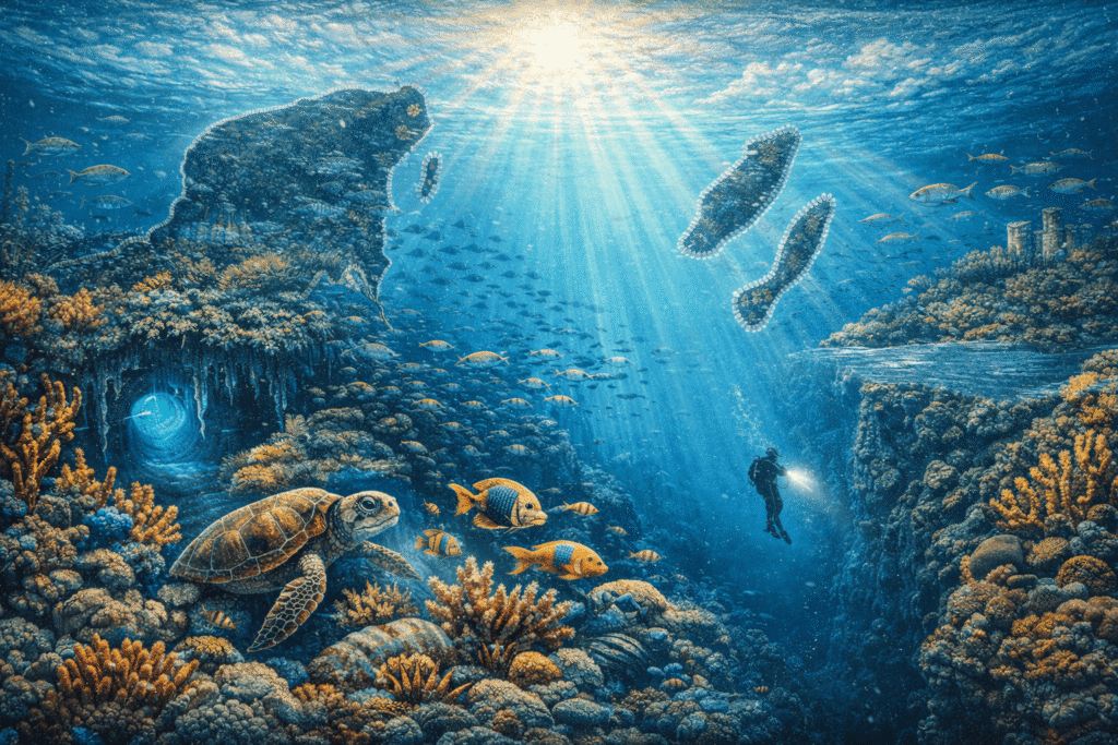 Imagen estilizada de la vida marina del Caribe mexicano.