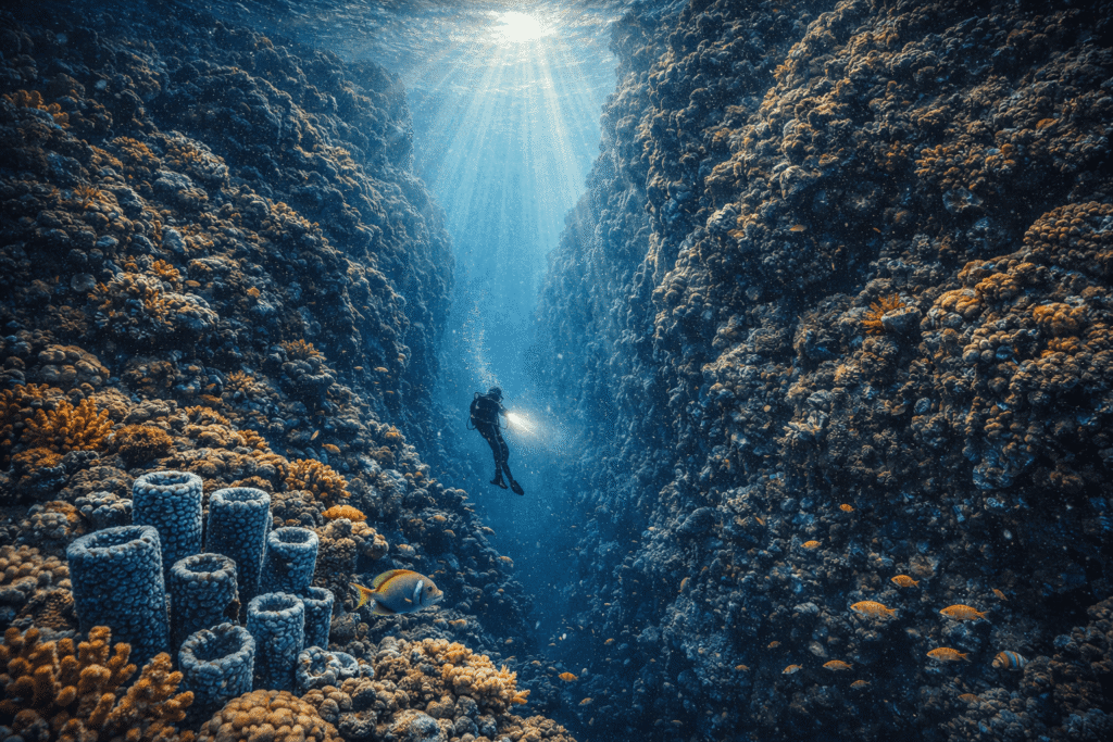 Representación estilizada de un buzo entre las estructuras de pared coralina