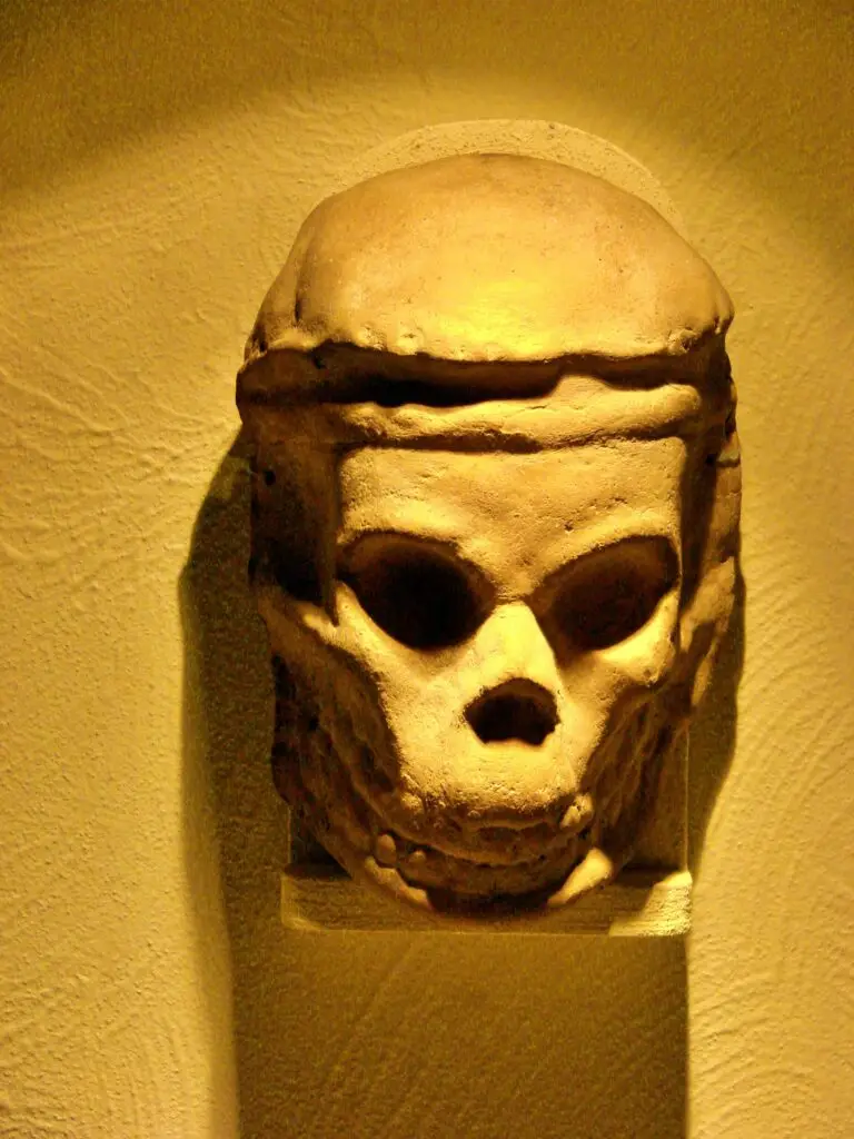 Cabeza escultórica en piedra con rasgos solemnes exhibida en el Museo Rafael Coronel.