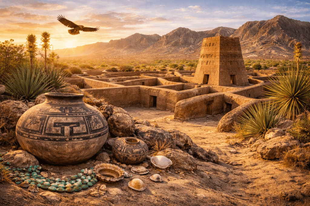 Elementos arquitectónicos y culturales inspirados en las culturas de Oasisamérica presentes en México.