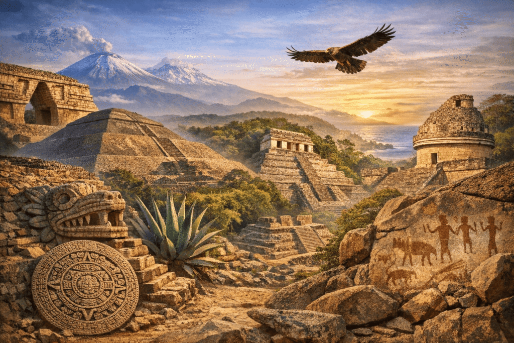 Imagen que muestra algunos de los elementos que caracterizan la riqueza cultural prehispánica de México.