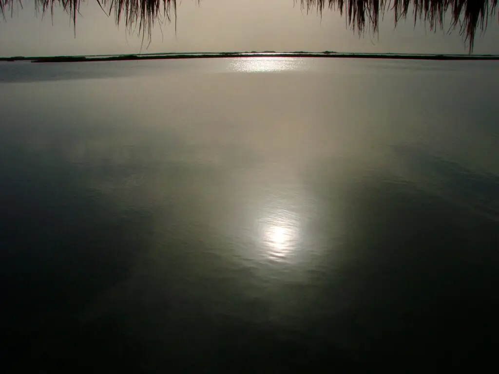 Laguna tranquila en Sian Ka’an al atardecer, con el reflejo del sol sobre el agua.
