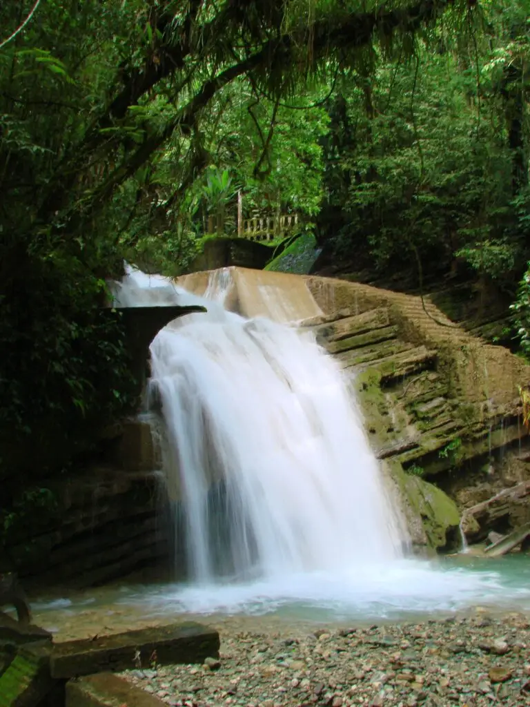 Cascada natural rodeada de vegetación y estructuras de piedra dentro del Jardín Surrealista de Xilitla.