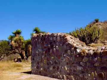 Muro de piedra en Yagul rodeado de nopales y yucas, paisaje característico del valle de Oaxaca.