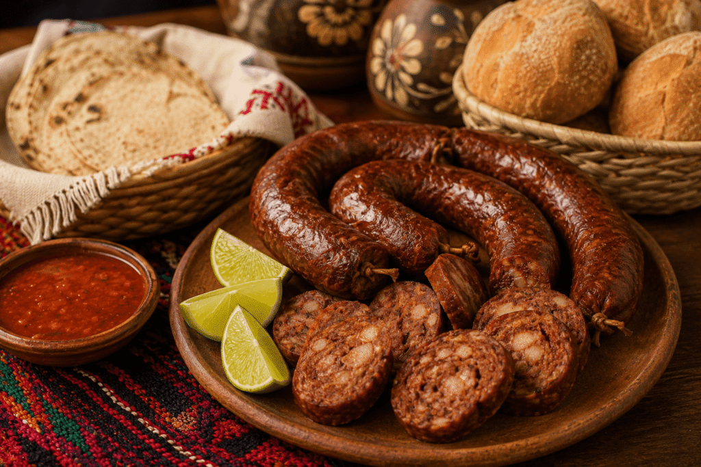 Butifarra chiapaneca servida en plato de barro con piezas enteras y rebanadas, acompañada de limón, salsa roja, tortillas y pan regional.