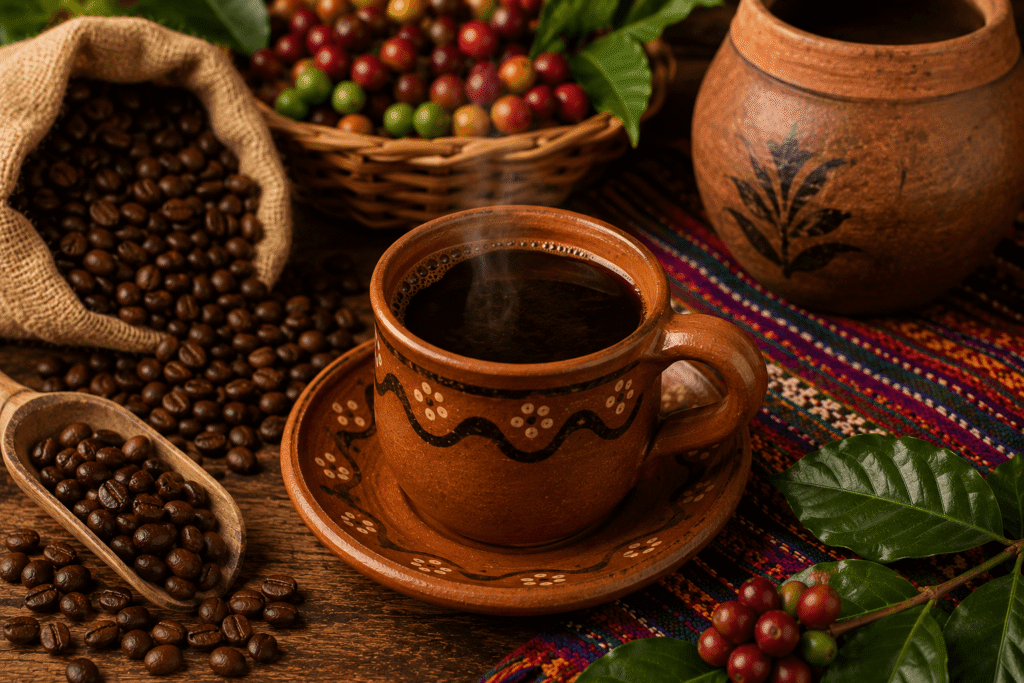 Taza de café del Soconusco servida en barro artesanal, rodeada de granos tostados, frutos maduros de café y hojas de cafeto sobre una mesa de madera.