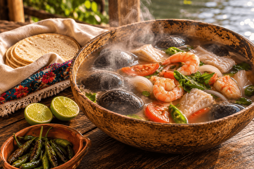 Caldo de piedra chinanteco de Oaxaca con pescado, camarones, jitomate, chile y piedras calientes, servido con tortillas y limón.