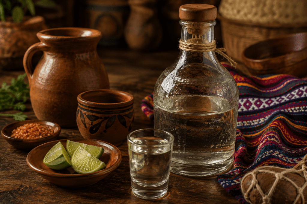 Comiteco, destilado tradicional de Comitán, Chiapas, servido en vaso junto a una botella artesanal.