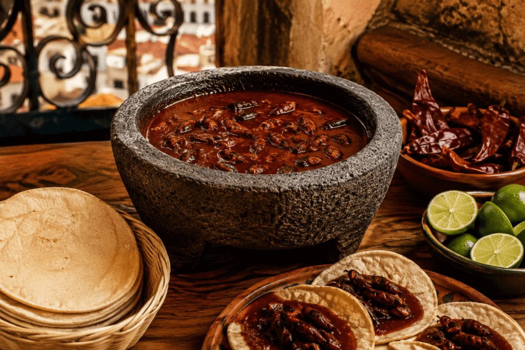 Molcajete con salsa de jumiles, acompañado de tortillas de maíz, tacos, limones y chiles secos, platillo tradicional de Taxco, Guerrero.