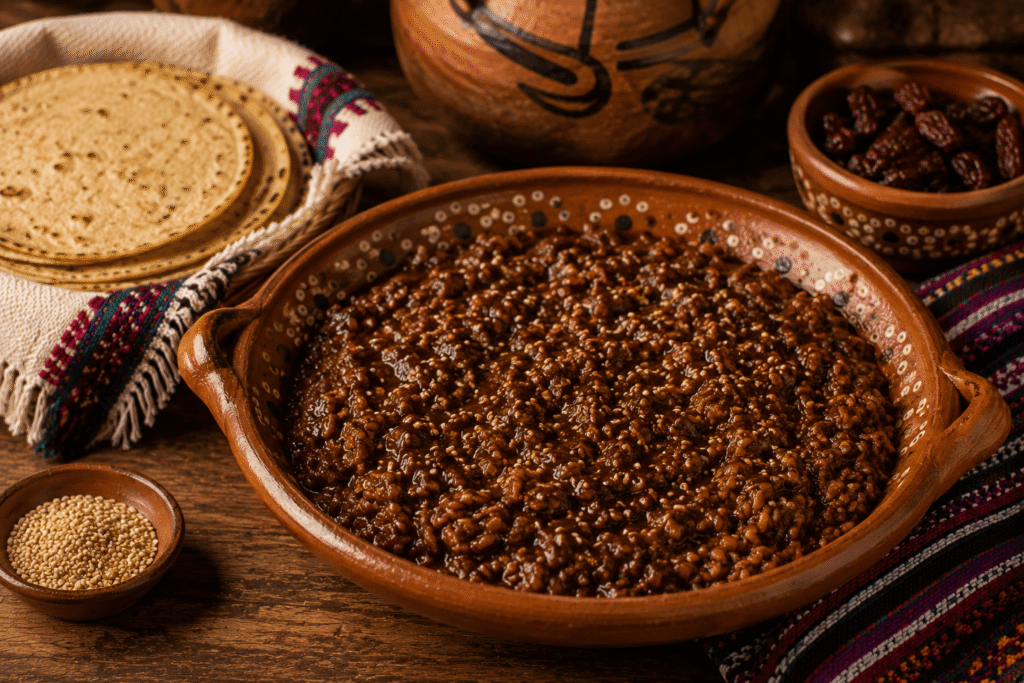 Mole de arroz tradicional de Chiapas servido en cazuela de barro, acompañado de tortillas de maíz y elementos de la cocina regional.