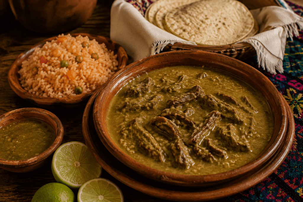 Pepita con tasajo tradicional de Chiapa de Corzo, Chiapas, servida en plato de barro con arroz, tortillas de maíz, limón y salsa.