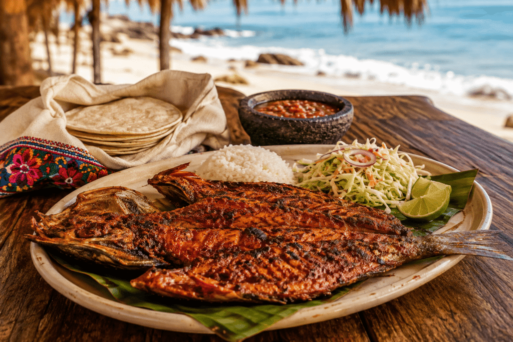 Pescado a la talla estilo oaxaqueño, abierto en mariposa y asado con adobo rojo, acompañado de arroz, ensalada de col, tortillas, salsa y limón frente al mar.