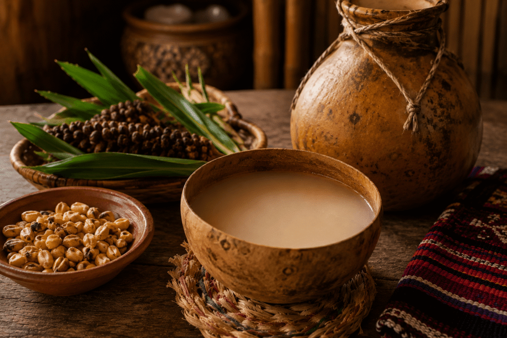 Pox tradicional de Chiapas servido en recipiente artesanal, acompañado de maíz y elementos de la cultura de los Altos de Chiapas.