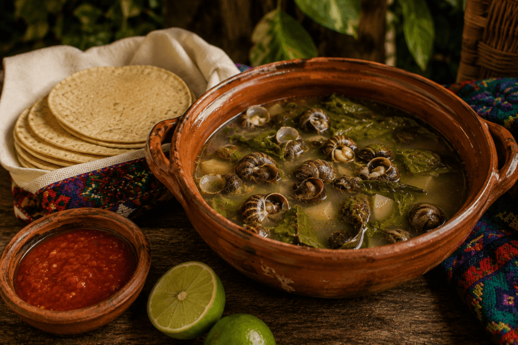 Caldo de shote con momo servido en cazuela de barro, con caracoles de arroyo y hojas de momo, acompañado de tortillas, salsa roja y limón.