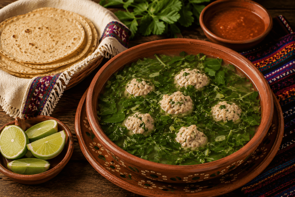 Sopa de chipilín con bolitas de masa servida en cazuela de barro, acompañada de tortillas de maíz, limón y salsa, platillo tradicional de Chiapas.