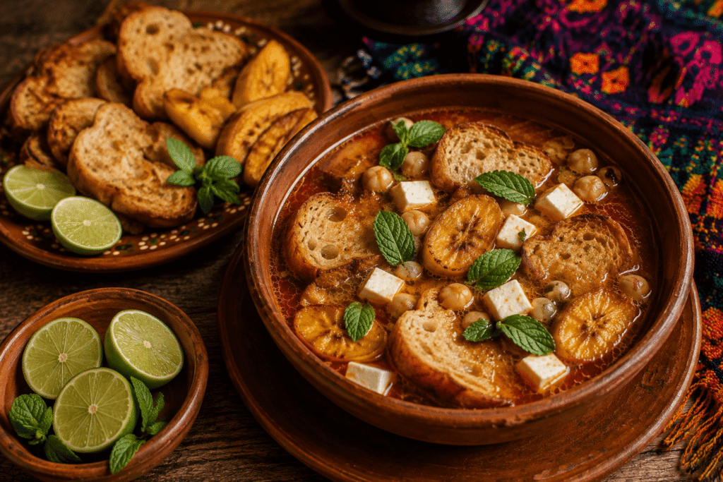 Sopa de pan tradicional de Chiapa de Corzo, Chiapas, servida en barro con pan frito, plátano macho, garbanzos, queso fresco y hierbabuena.