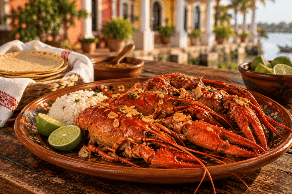 Acamayas al mojo de ajo de la región de Tlacotalpan, Veracruz, servidas con arroz blanco, limón y tortillas sobre una mesa de madera con ambiente ribereño.