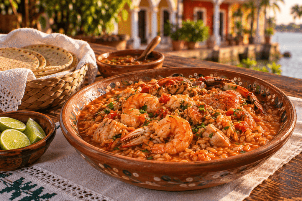 Arroz a la tumbada tradicional de Tlacotalpan, Veracruz, preparado con arroz caldoso, camarones, pescado y jaiba, servido en cerámica artesanal junto a tortillas y limón.