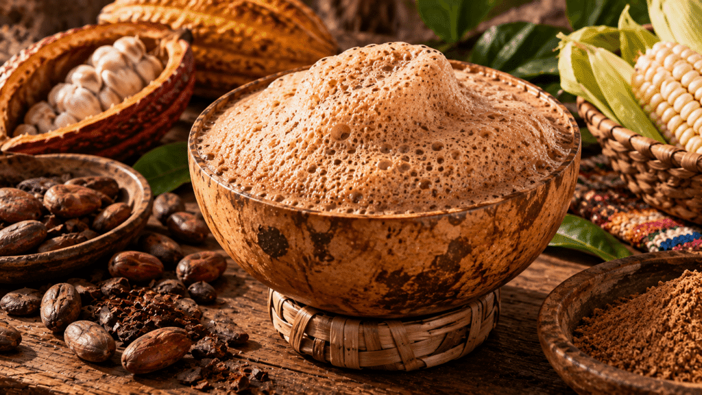 Popo tradicional del sur de Veracruz servido en jícara artesanal, con abundante espuma de cacao, acompañado de granos y mazorcas de cacao y maíz sobre una mesa de madera.