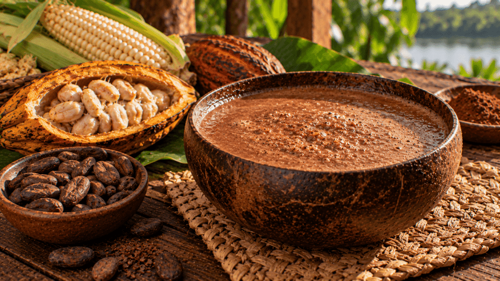 Polvillo tradicional de Tabasco servido en jícara artesanal, acompañado de maíz tostado, cacao y la mezcla molida de ambos ingredientes sobre una mesa rústica.