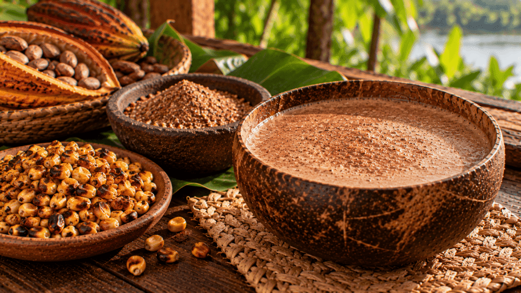 Chorote o pozol con cacao tradicional de Tabasco servido en jícara artesanal, acompañado de maíz criollo, mazorcas de cacao y semillas tostadas.