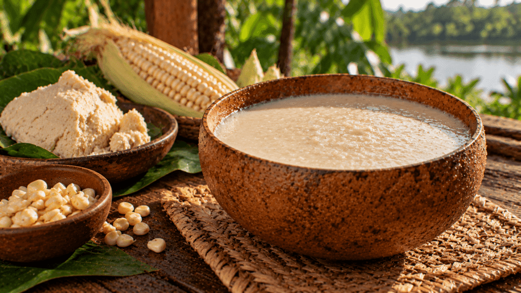 Pozol blanco tradicional de Tabasco servido frío en jícara artesanal, acompañado de masa nixtamalizada y maíz criollo en un ambiente tropical de Villahermosa.